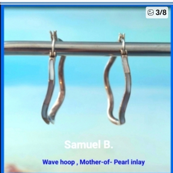 Samuel B Sterling WAVY 925 silver  mother of pearl 1.5 in. hoop earrings  Gift - Picture 2 of 8